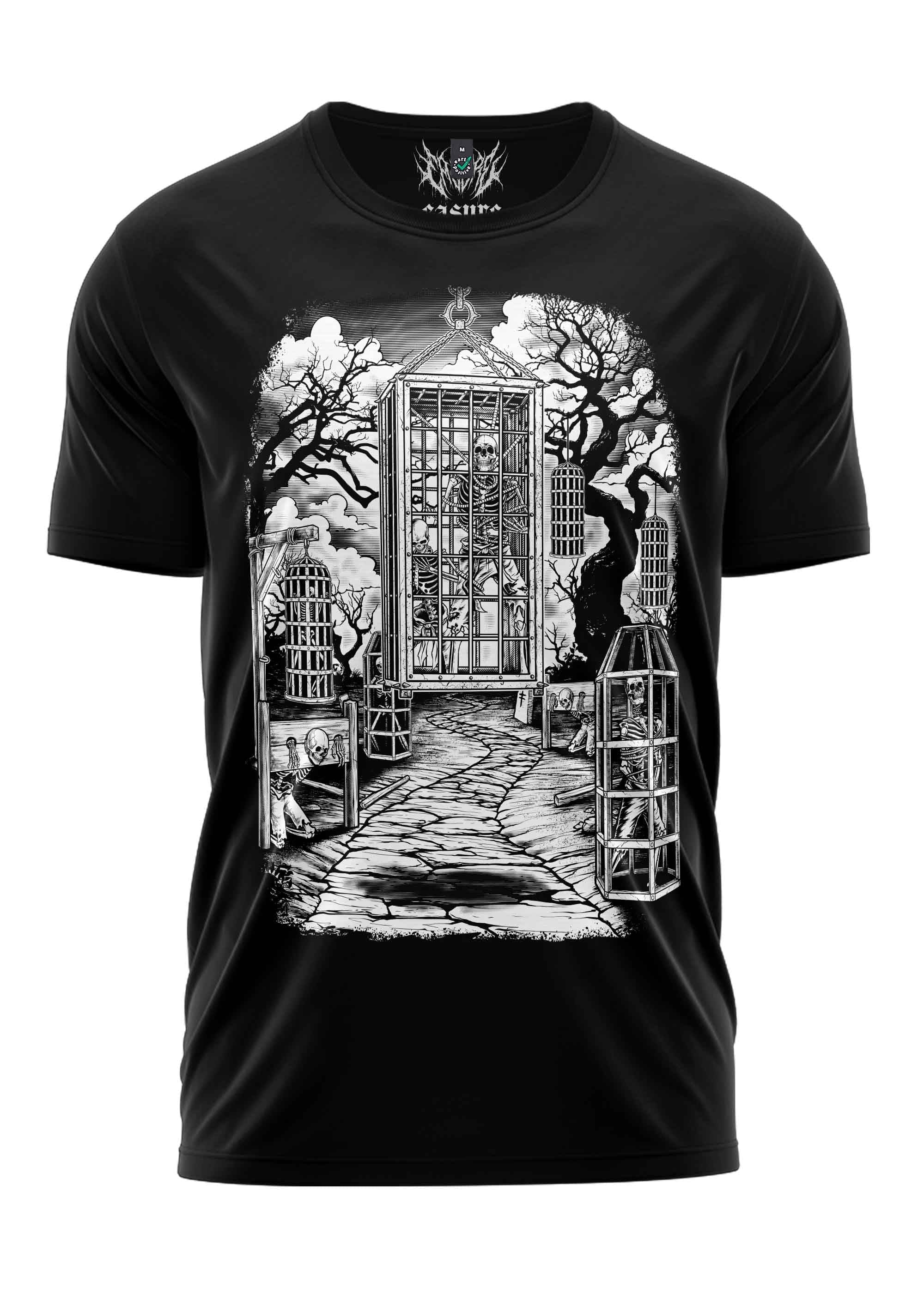 Schwarzes T-Shirt mit weißem Grafikdesign, das eine Telefonzelle und Bäume zeigt.