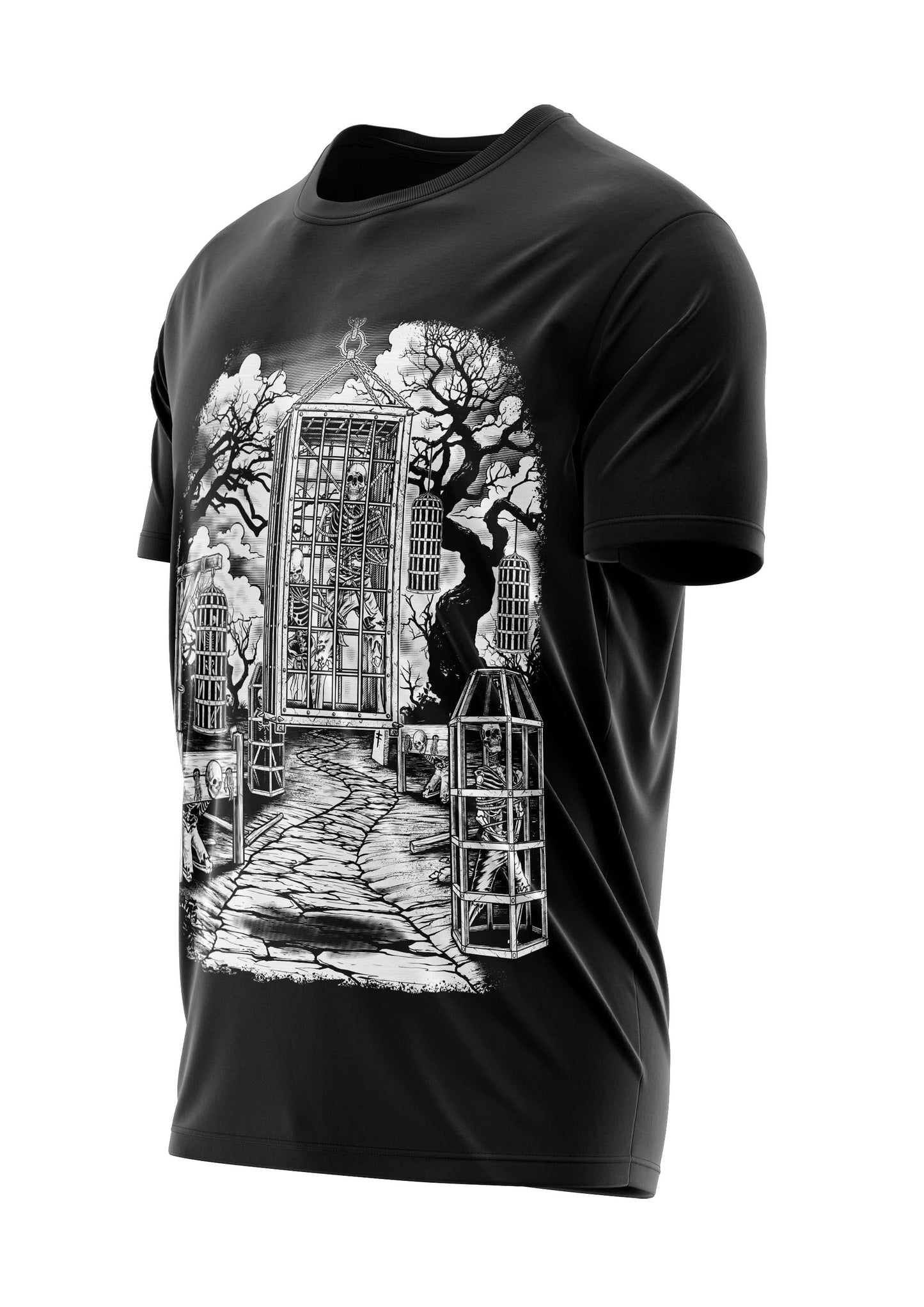 Schwarzes T-Shirt mit weißem grafischem Design, das eine surreale Szene zeigt, in der eine Person aus einem offenen Käfig herausklettert, vor einem Hintergrund aus Bäumen und Buntglasfenstern.