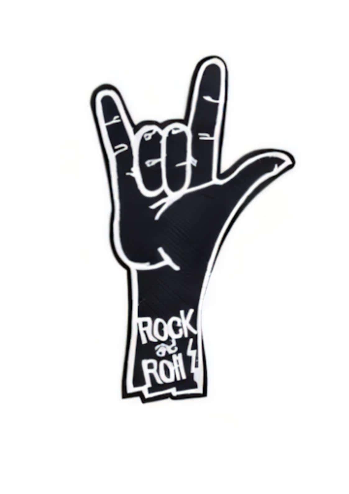 Black foam rockn roll hand patch with white outline and gothic patch style text on wrist for president patch fans