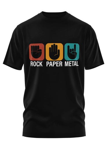 Schwarzes schweres unisex t-shirt mit rock paper metal grafik in retro stil und drei bunten quadraten aus strapazierfähigem stoff