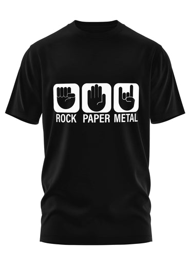Schwarzes schweres unisex t-shirt mit weißem rock paper metal handzeichen grafik aus strapazierfähigem stoff