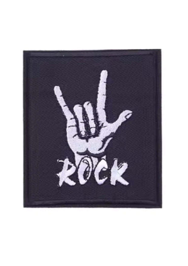 Schwarzer rechteckiger polyester patch mit weißem rock text und handzeichen design rock breite china patch
