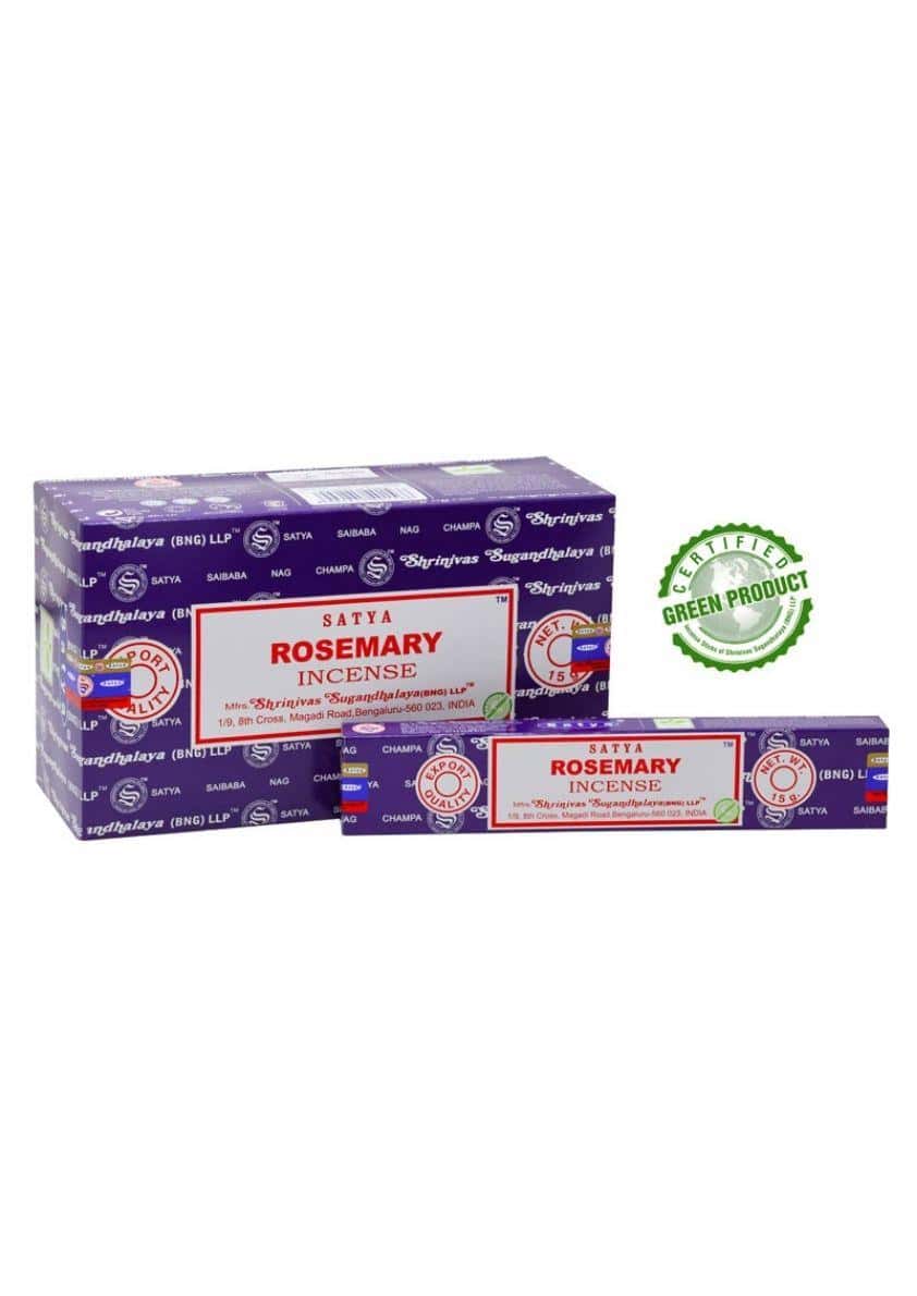 Rosmarin räucherstäbchen von satya in lila und weißer verpackung ideal für gothic und dark fashion atmosphäre