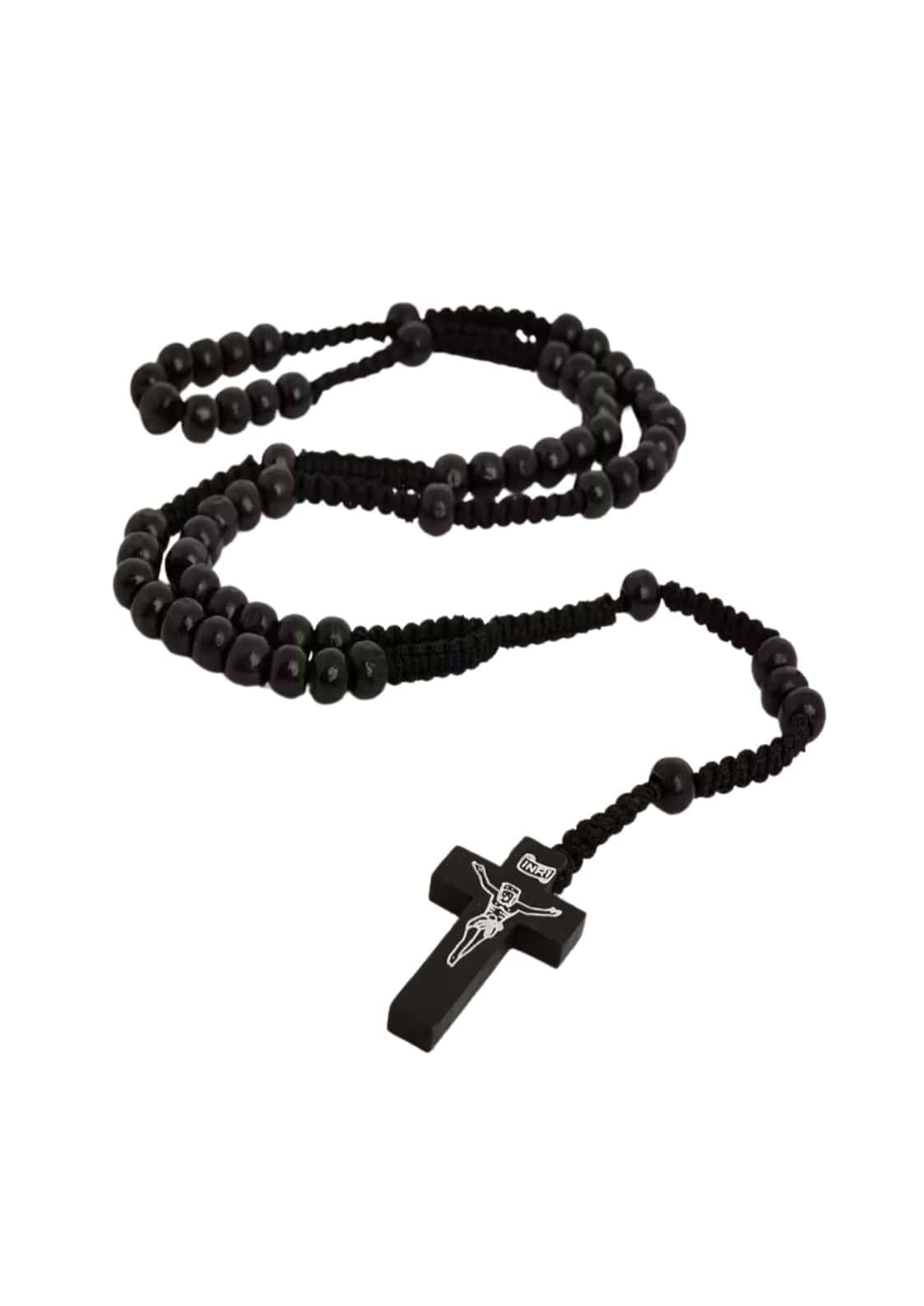 Schwarzer Lavastein-Rosar mit silbernem Kreuz und Jesus-Figur-Design
