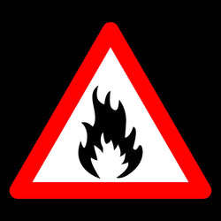Rotes dreieckiges Warnschild mit schwarzem Flammensymbol auf weißem Hintergrund.