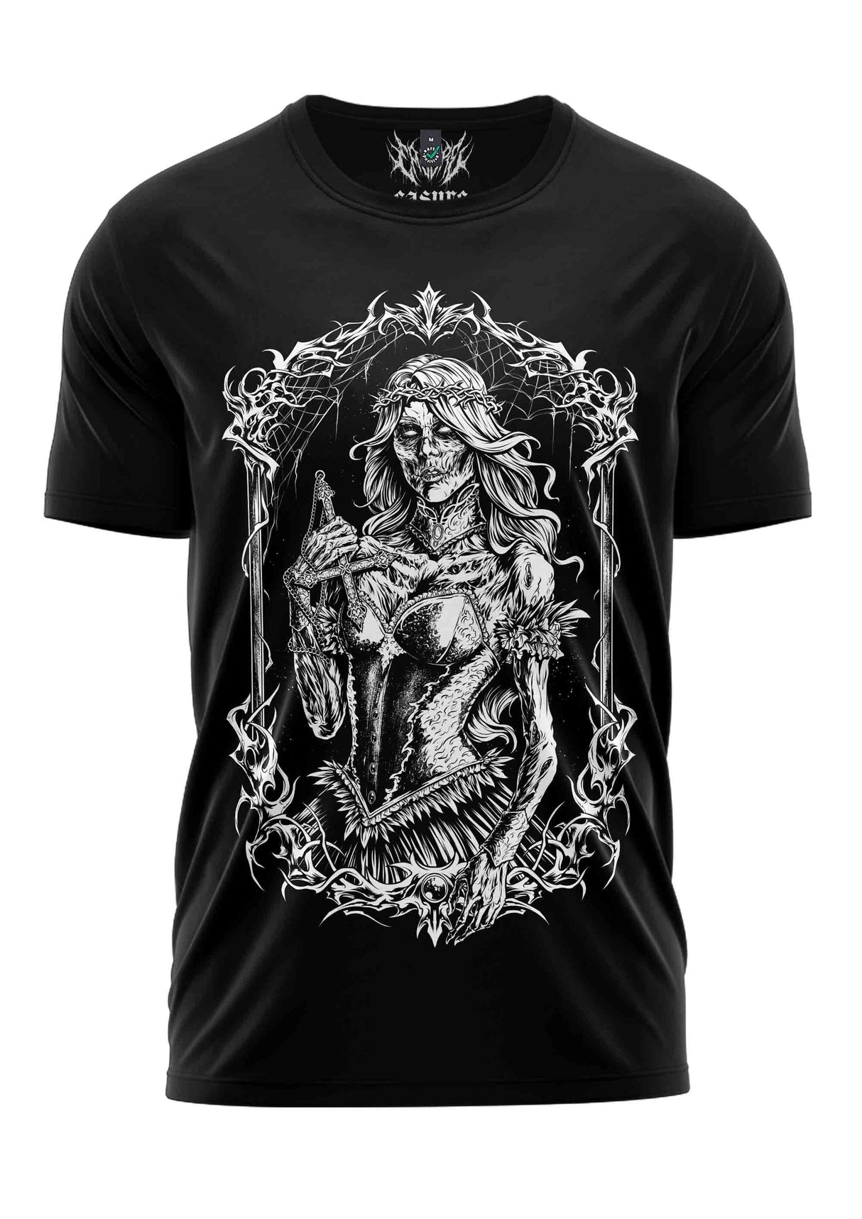 Schwarzes Gothic-Metal T-Shirt Rotten Girl mit Skelett-Frau in Rüstung