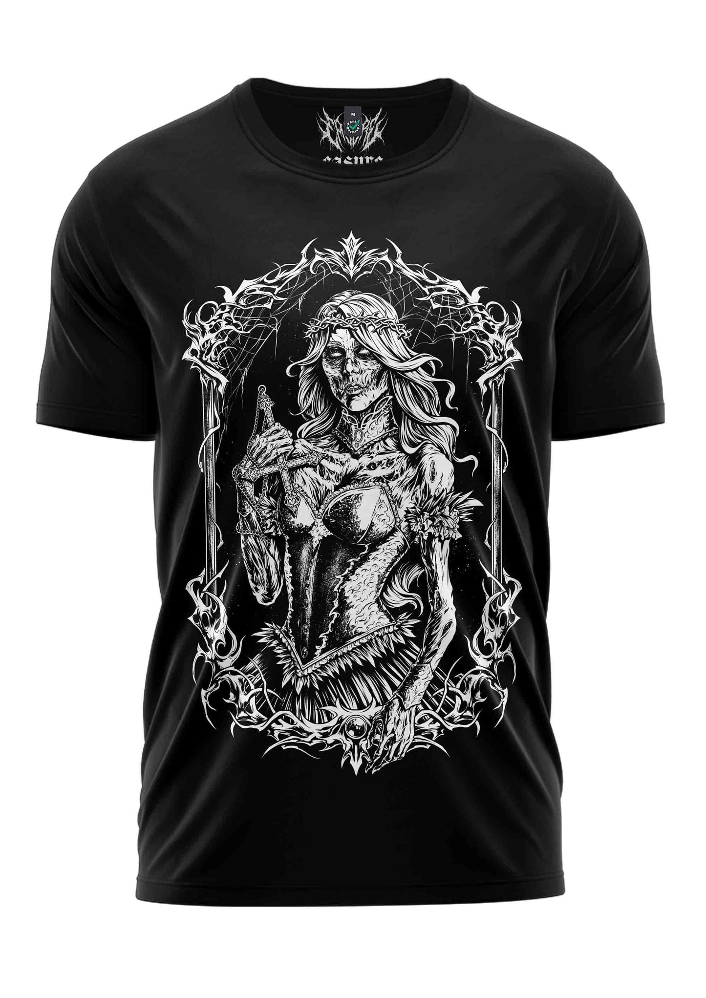 Schwarzes Gothic-Metal T-Shirt Rotten Girl mit Skelett-Frau in Rüstung