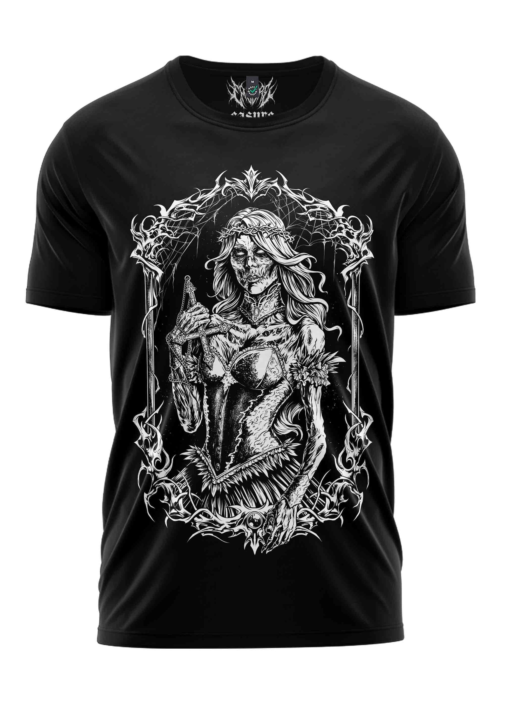 Schwarzes Gothic-Metal T-Shirt Rotten Girl mit Skelett-Frau in Rüstung