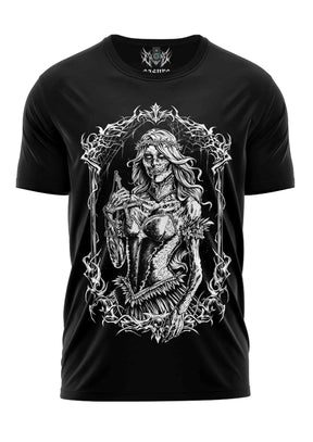 Schwarzes Gothic-Metal T-Shirt Rotten Girl mit Skelett-Frau in Rüstung