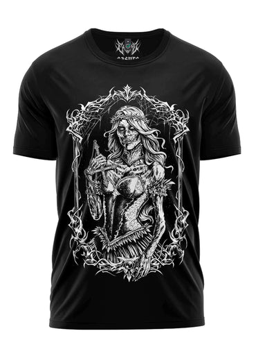 Schwarzes kurzes t-shirt rotten girl mit detailliertem weißen grafikdesign einer skelettfrau in gotischer rüstung