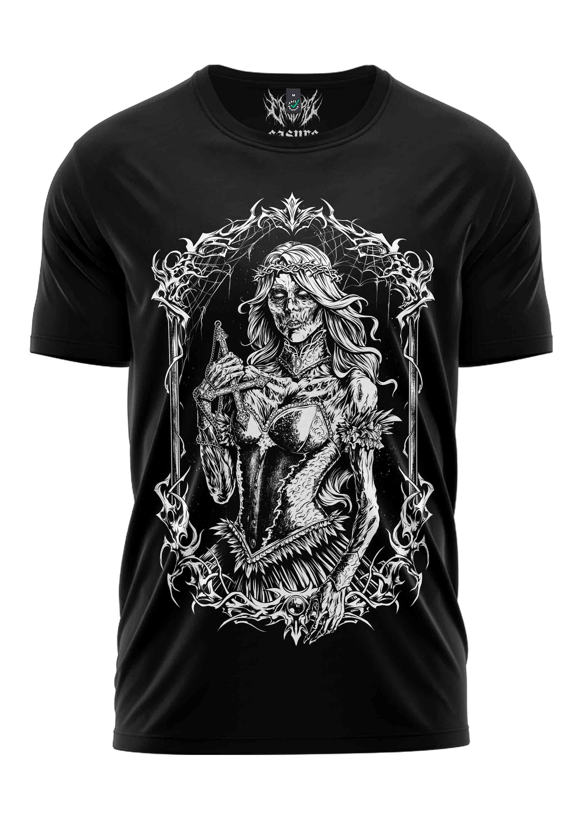 Schwarzes Gothic-Metal T-Shirt Rotten Girl mit Skelett-Frau in Rüstung