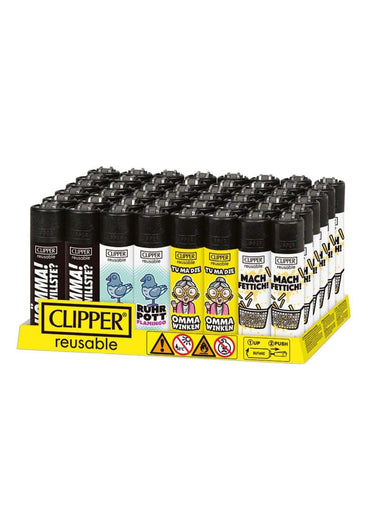A pack of ruhrpott clipper reusable lighters with colorful cartoon gothic and horror designs black caps and white bodies