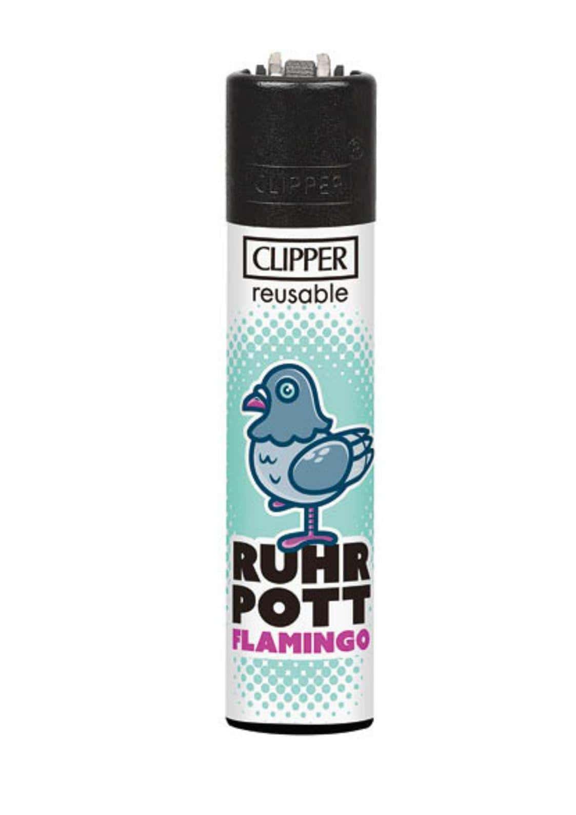 Teal und weiße ruhrpott clipper feuerzeug aus wiederverwendbarem material mit cartoon taube und ruhr pott flamingo text, passend zu gothic kleidung