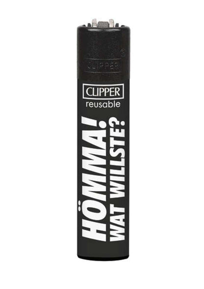 Schwarzes ruhrpott clipper feuerzeug mit weißem schriftzug hömmma wat willste in moderner schrift für gothic fashion