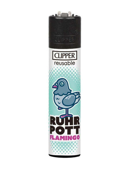 Ruhrpott flamingo clipper feuerzeug nachfüllbar in teal und weiß mit cartoon-tauben-design für gothic und dark fashion fans