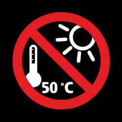 Rundes rotes Verbotszeichen mit weißen Sonne- und Thermometer-Icons, die auf keine Sonneneinstrahlung oder Temperaturen über 50°C hinweisen.