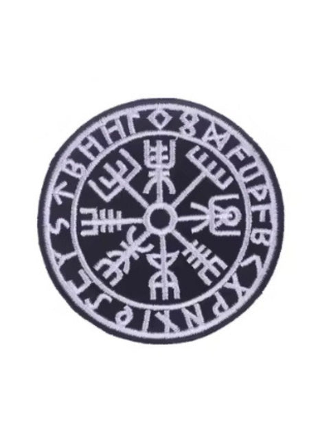 Schwarz-weiß Vegvisir-Kompass-Patch mit nordischen Runen.
