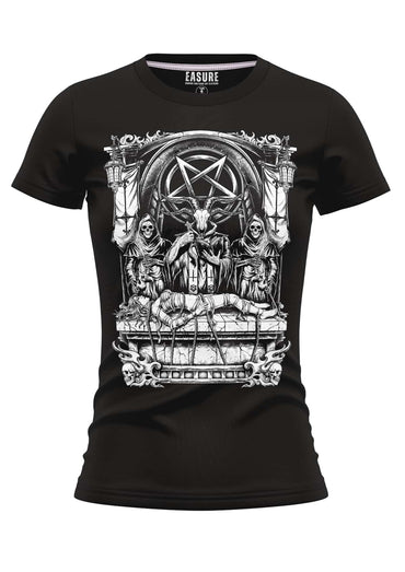 Schwarzes girlie t-shirt sacrifice mit detailliertem schwarz-weiß grafikdruck und strapazierfähigem stoff von easure