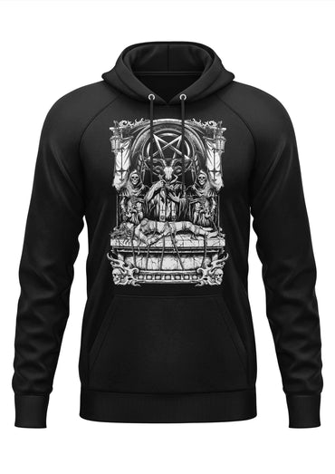 Black hoodie mit gothic horror grafik eines ziegenkopfigen figures auf thron mit skelettdienern in schwarzweiß