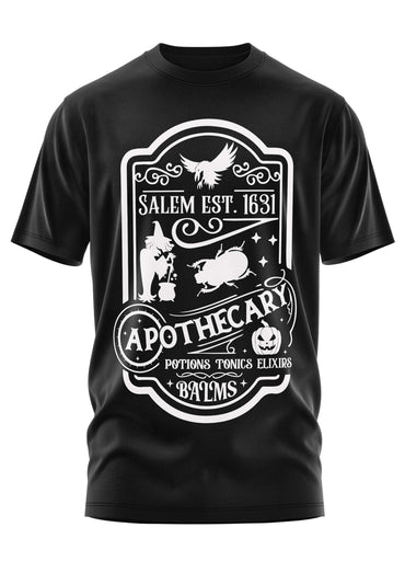 Schwarzes kurzarm-t-shirt mit weißem gothic-apothekerschild und motiven von hexe, ratte und kürbis salem est shirt