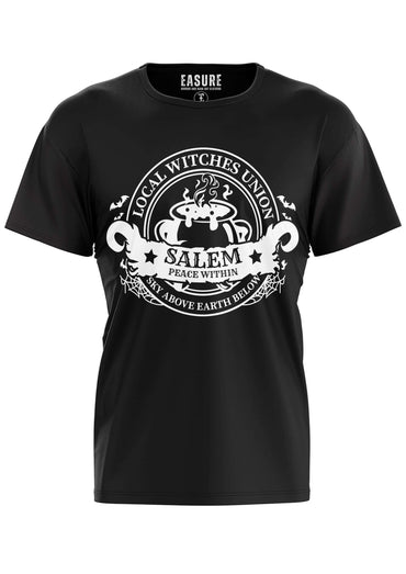 Schwarzes cotton t-shirt salem mit weißem emblem lokale hexenvereinigung und gotischem horror-motiv