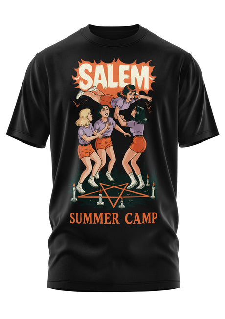 Schwarzes kurzärmeliges T-Shirt mit einer Grafik von vier Frauen, die um ein Pentagramm tanzen.