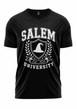 Schwarzes Salem University T-Shirt mit weißem Design und Text.