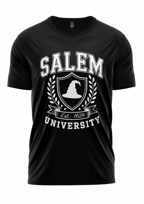 Schwarzes Salem University T-Shirt mit weißem Design und Text.