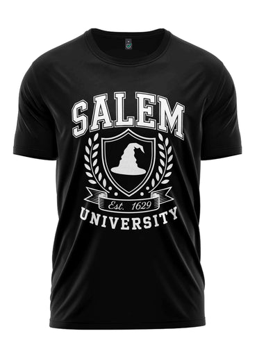 Schwarzes salem universität t-shirt mit weißem design und text gaia lizenzierte kleidung ltd