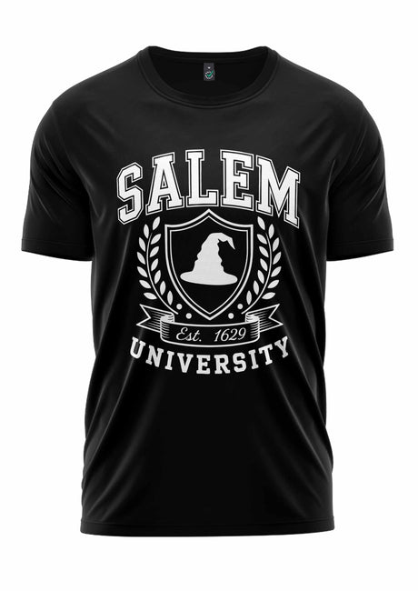Schwarzes Salem University T-Shirt mit weißem Design und Text.