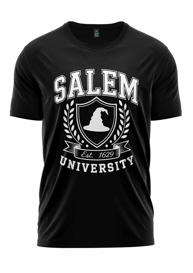 Schwarzes Salem University T-Shirt mit weißem Design und Text.