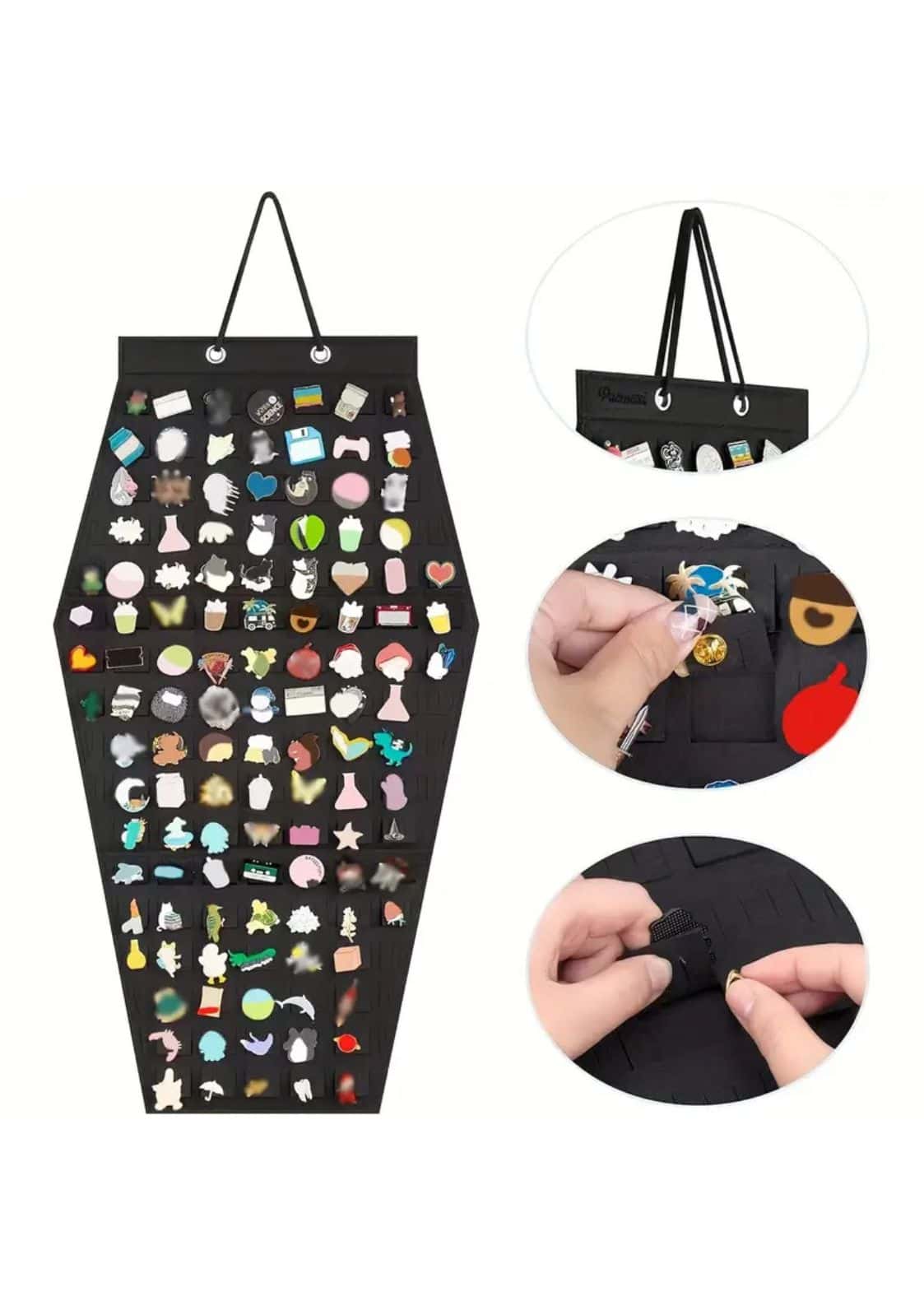 Schwarzer sarg filz pinaufhänger in sargform mit mehreren fächern zur aufbewahrung von schmuck im gothic horror stil