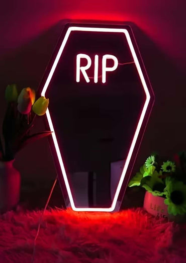 Sarg spiegel led rot mit leuchtendem rip schild in sargform perfekte lizenzierte bekleidung ltd dekoration