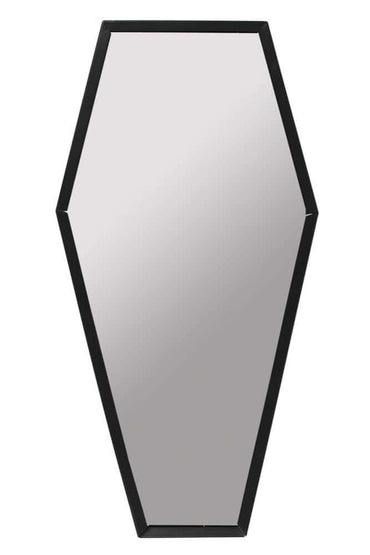 Schwarzer sarg spiegel wandspiegel mit schlanker reflektierender oberfläche und scharfen geometrischen kanten