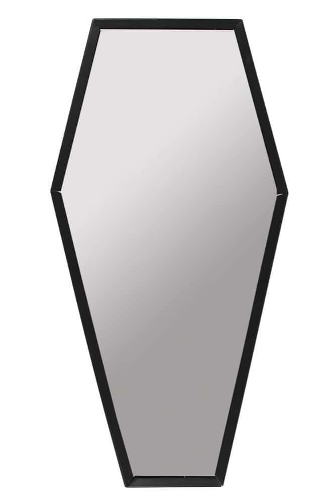 Schwarzer sarg spiegel wandspiegel mit schlanker reflektierender oberfläche und scharfen geometrischen kanten