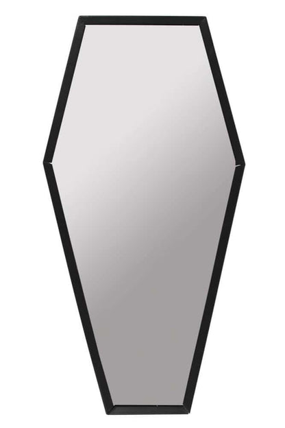 Schwarzer sarg spiegel wandspiegel mit schlanker reflektierender oberfläche und scharfen geometrischen kanten