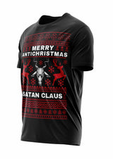 Schwarzes T-Shirt mit rotem Rentier- und Totenkopf-Design, Text ’frohe anti-christmas satan claus’.