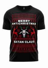 Schwarzes T-Shirt mit rot-weißem Design, das einen Bullenschädel, Geweihe, Pentagramme, Rentier, Schneeflocken, ’frohe anti-christmas’ und ’satan claus’ Text zeigt.