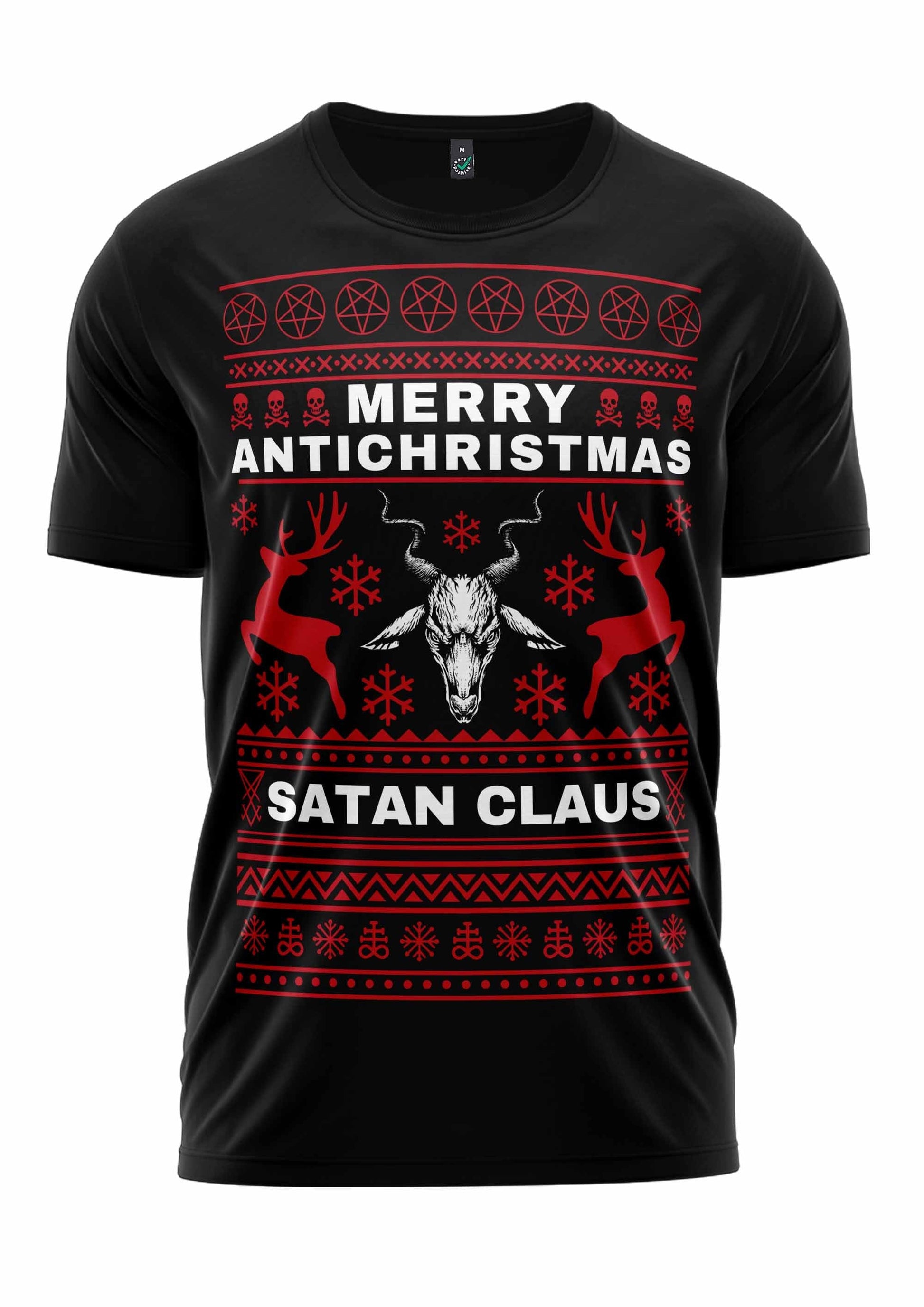 Schwarzes T-Shirt mit rot-weißem Design, das einen Bullenschädel, Geweihe, Pentagramme, Rentier, Schneeflocken, ’frohe anti-christmas’ und ’satan claus’ Text zeigt.