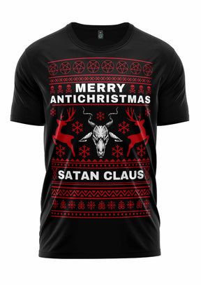 Schwarzes T-Shirt mit rot-weißem Design, das einen Bullenschädel, Geweihe, Pentagramme, Rentier, Schneeflocken, ’frohe anti-christmas’ und ’satan claus’ Text zeigt.