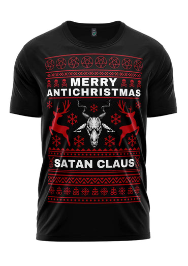 Schwarzes satan claus shirt aus hochwertige bio-baumwolle mit rote weiße bullenschädel und pentagramm design gaia lizenzierte bekleidung