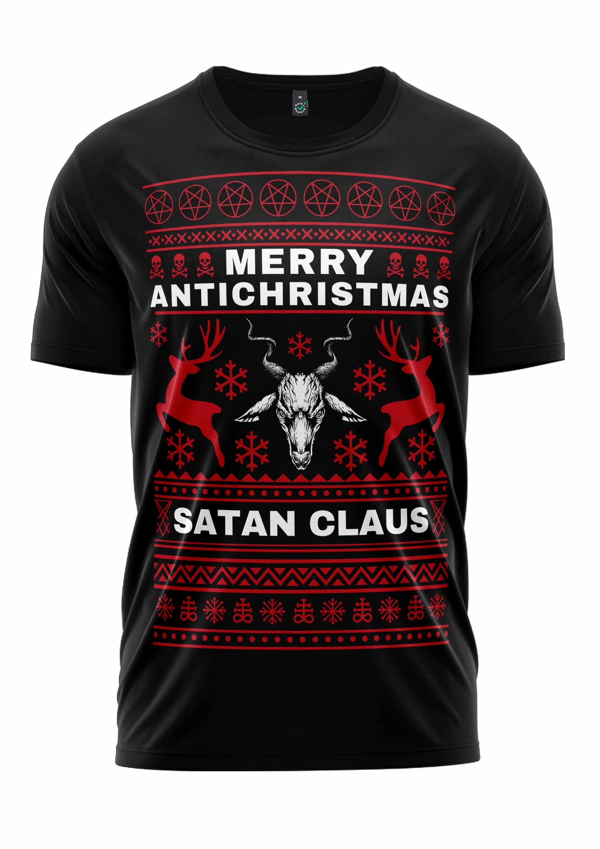 Schwarzes T-Shirt mit rot-weißem Design, das einen Bullenschädel, Geweihe, Pentagramme, Rentier, Schneeflocken, ’frohe anti-christmas’ und ’satan claus’ Text zeigt.