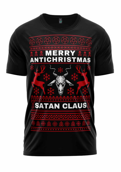 Schwarzes T-Shirt mit rot-weißem Design, das einen Bullenschädel, Geweihe, Pentagramme, Rentier, Schneeflocken, ’frohe anti-christmas’ und ’satan claus’ Text zeigt.