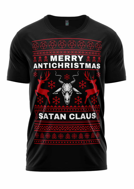 Schwarzes T-Shirt mit rot-weißem Design, das einen Bullenschädel, Geweihe, Pentagramme, Rentier, Schneeflocken, ’frohe anti-christmas’ und ’satan claus’ Text zeigt.