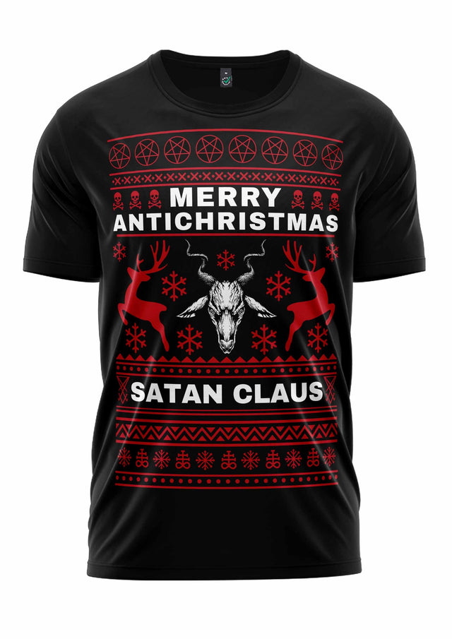 Schwarzes T-Shirt mit rot-weißem Design, das einen Bullenschädel, Geweihe, Pentagramme, Rentier, Schneeflocken, ’frohe anti-christmas’ und ’satan claus’ Text zeigt.
