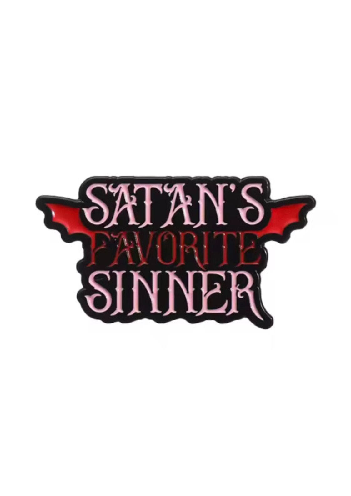 Roter und schwarzer fledermausförmiger Aufnäher mit dem Text ’satan’s favorite sinner’ in Weiß.