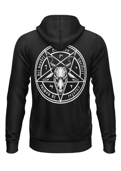 Schwarzes Gothic-Hoodie mit weißem Pentagramm, Ziegenkopf und Lateintext
