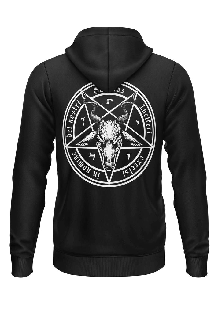 Schwarzer zip-up hoodie mit weißem pentagramm und ziegenkopf sowie lateinischem text auf der rückseite im gothic horror stil