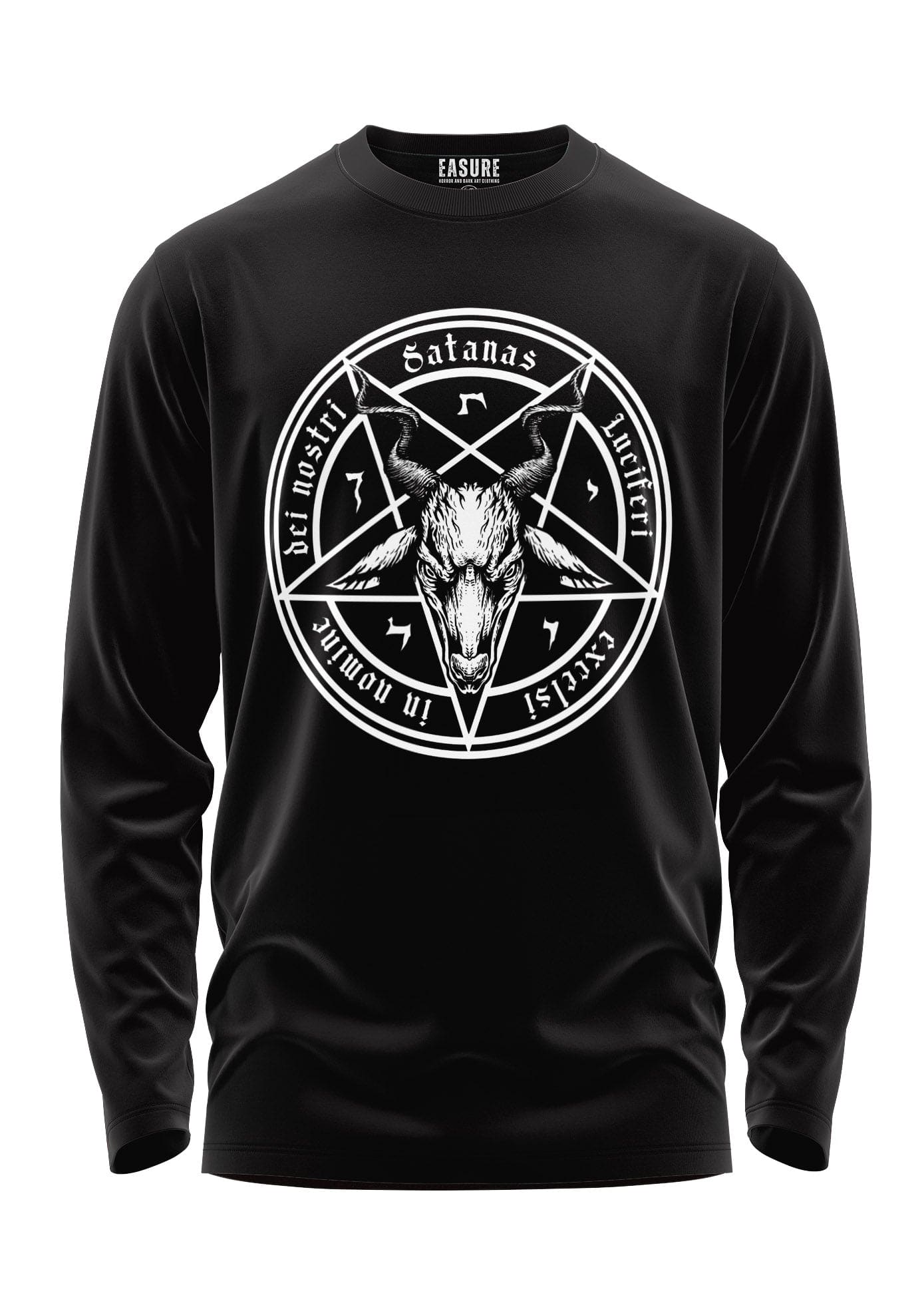 Schwarzes Langarm-Sweatshirt mit weißem Pentagramm- und Schädel-Design.