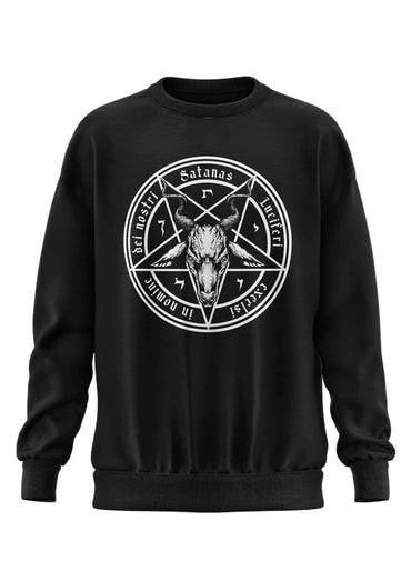 Schwarzes schwerers unisex sweatshirt satanas mit pentagramm und schädelmotiv aus strapazierfähigem recyceltem polyester